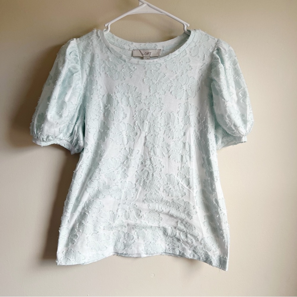 Loft Mint Green Floral Rosette Puff Short Sleeve Blouse NWT